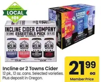 Albertsons Incline or 2 Towns Cider - 12 pk., 12 oz. cans. Selected varieties offer