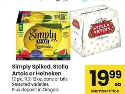 Albertsons Simply Spiked, Stella Artois or Heineken - 12 pk., 11.2-12 oz. cans or btls. Selected varieties offer