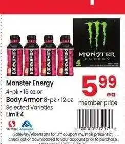 Albertsons Monster Energy 4-pk 16 oz or Body Armor 8-pk 12 oz - Selected Varieties offer