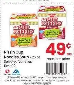 Albertsons Nissin Cup Noodles Soup - 2.25 oz Selected Varieties offer