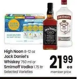 Albertsons High Noon 8-12 oz Jack Daniel's Whiskey 750 ml or Smirnoff Vodka 1.75 ltr - Selected Varieties offer