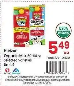 Albertsons Horizon Organic Milk - 59-64 oz Selected Varieties offer