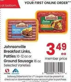 Albertsons Johnsonville Breakfast Links, Patties 10-12 oz or Ground Sausage 16 oz - Selected Varieties offer