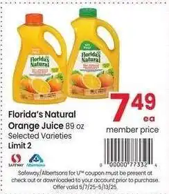 Albertsons Florida's Natural Orange Juice - 89 oz Selected Varieties offer