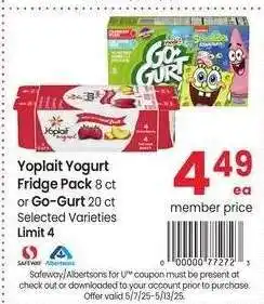 Albertsons Yoplait Yogurt Fridge Pack 8 ct or Go-Gurt 20 ct - Selected Varieties offer