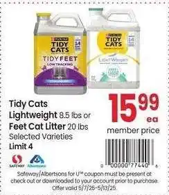 Albertsons Tidy Cats Lightweight 8.5 lbs or Feet Cat Litter 20 lbs - Selected Varieties offer