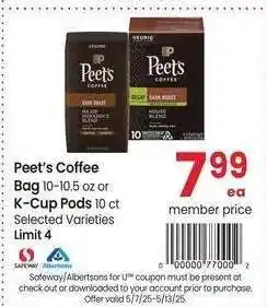 Albertsons Peet's Coffee Bag 10-10.5 oz or K-Cup Pods 10 ct - Selected Varieties offer