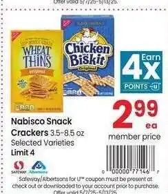Albertsons Nabisco Snack Crackers - 3.5-8.5 oz Selected Varieties offer