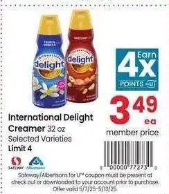 Albertsons International Delight Creamer - 32 oz Selected Varieties offer