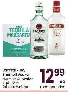 Albertsons Bacardi Rum, Smirnoff Vodka 750 ml or Cutwater 4-pk • 12 oz - Selected Varieties offer