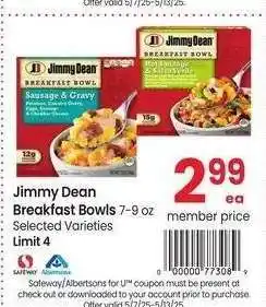 Albertsons Jimmy Dean Breakfast Bowls - 7-9 oz Selected Varieties offer