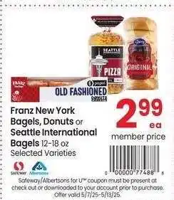 Albertsons Franz New York Bagels, Donuts or Seattle International Bagels - 12-18 oz Selected Varieties offer