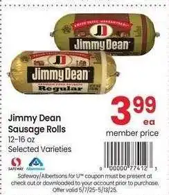 Albertsons Jimmy Dean Sausage Rolls - 12-16 oz Selected Varieties offer