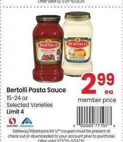 Albertsons Bertolli Pasta Sauce - 15-24 oz Selected Varieties offer