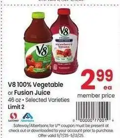 Albertsons V8 100% Vegetable or Fusion Juice - 46 oz Selected Varieties offer