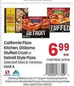 Albertsons California Pizza Kitchen, DiGiorno Stuffed Crust or Detroit Style Pizza - Selected Sizes & Varieties offer