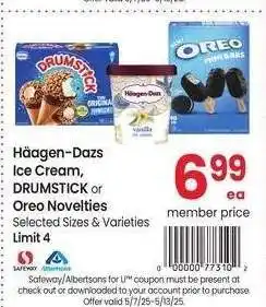 Albertsons Häagen-Dazs Ice Cream, DRUMSTICK or Oreo Novelties - Selected Sizes & Varieties offer