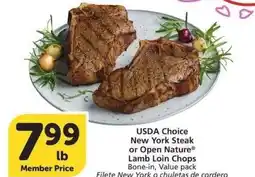 Albertsons USDA Choice New York Steak or Open Nature Lamb Loin Chops - Bone - in, Value pack offer