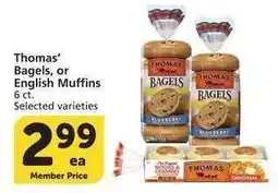 Albertsons Thomas' Bagels or English Muffins - 6 ct. Selected varieties offer