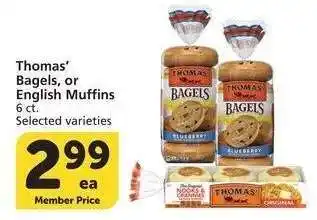 Albertsons Thomas' Bagels or English Muffins - 6 ct. Selected varieties offer