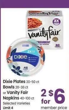 Albertsons Dixie Plates 20-50 ct Bowls 26-36 ct or Vanity Fair Napkins 40-100 ct - Selected Varieties offer