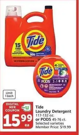 Albertsons Tide Laundry Detergent 117-132 oz. or PODS 45-76 ct. - Selected varieties Member Price: $19.99 offer