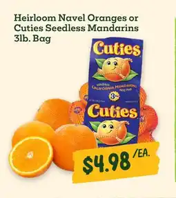 Sprouts Farmers Market Heirloom Navel Oranges or Cuties Seedless Mandarins offer