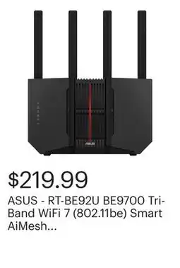 Best Buy ASUS - RT-BE92U BE9700 Tri-Band WiFi 7 (802.11be) Smart AiMesh Extendable Router - Black offer