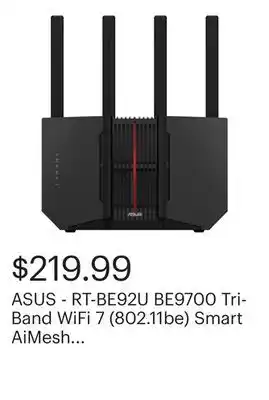 Best Buy ASUS - RT-BE92U BE9700 Tri-Band WiFi 7 (802.11be) Smart AiMesh Extendable Router - Black offer