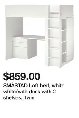 Ikea SMÅSTAD Loft bed, white white/with desk with 2 shelves, Twin offer
