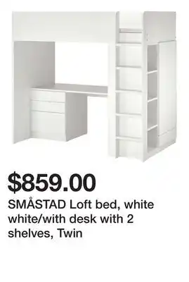 Ikea SMÅSTAD Loft bed, white white/with desk with 2 shelves, Twin offer