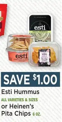 Heinen's Esti Hummus ALL VARIETIES & SIZES or Heinen's Pita Chips 6 OZ offer