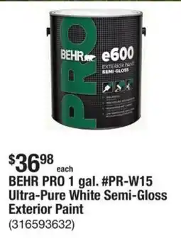 The Home Depot BEHR PRO 1 gal. #PR-W15 Ultra-Pure White Semi-Gloss Exterior Paint offer
