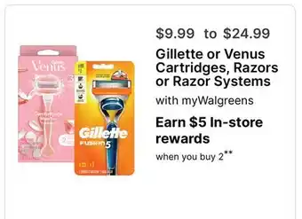 Walgreens Gillette or Venus Cartridges, Razors or Razor Systems offer