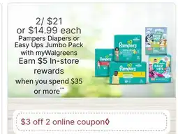 Walgreens Pampers Diapers or Easy Ups Jumbo Pack offer