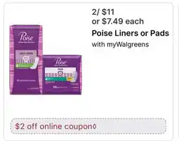 Walgreens Poise Liners or Pads offer