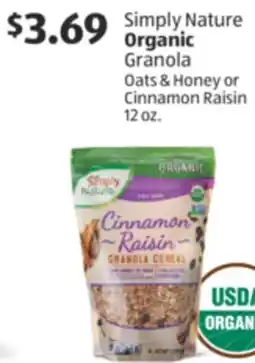 Aldi Simply Nature Organic Granola Oats & Honey or Cinnamon Raisin offer