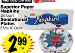Superior Grocers Superior Paper Napkins 500 Count, Sensational Plates 8.5 in / 40 Count offer