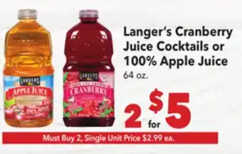 Vallarta Supermarkets Langer's Cranberry Juice Cocktails or 100% Apple Juice offer