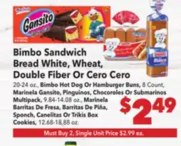 Vallarta Supermarkets Bimbo Sandwich Bread White, Wheat, Double Fiber Or Cero Cero offer