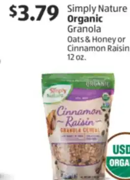 Aldi Simply Nature Organic Granola Oats & Honey or Cinnamon Raisin offer
