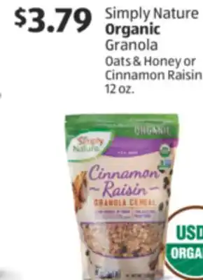 Aldi Simply Nature Organic Granola Oats & Honey or Cinnamon Raisin offer