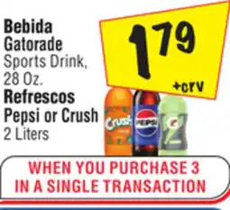 El Super Gatorade Sports Drink, 2 8 Oz. Pepsi or Crush 2 Liters offer