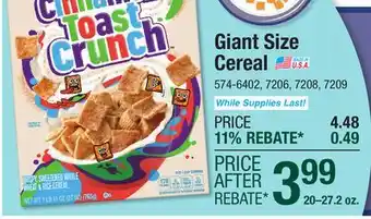 Menards Cinnamon Toast Crunch Giant Size Cereal - 27 oz offer