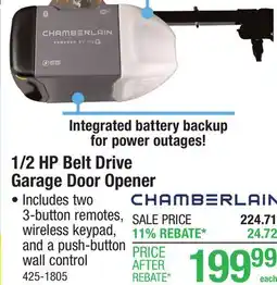 Menards Chamberlain 1/2 HP Wi-Fi Belt Drive Battery Backup Garage Door Opener (Better) offer