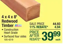 Menards 4 x 4 x 8' Redwood ConHeart Timber offer