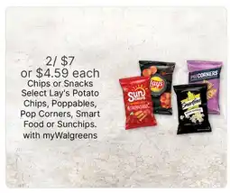 Walgreens Chips or Snacks Select Lay's Potato Chips, Poppables, Pop Corners, Smart Food or Sunchips offer