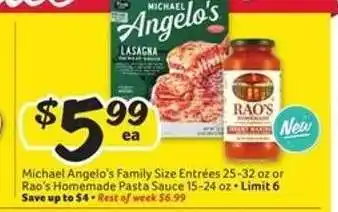Winn Dixie Michael Angelo's Family Size Entrées or Rao's Homemade Pasta Sauce offer