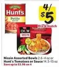 Winn Dixie Nissin Assorted Bowls or Hunt's Tomatoes or Sauce offer