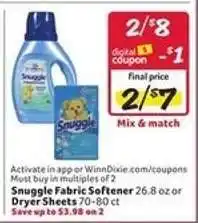 Winn Dixie Snuggle Fabric Softener or Dryer Sheets offer